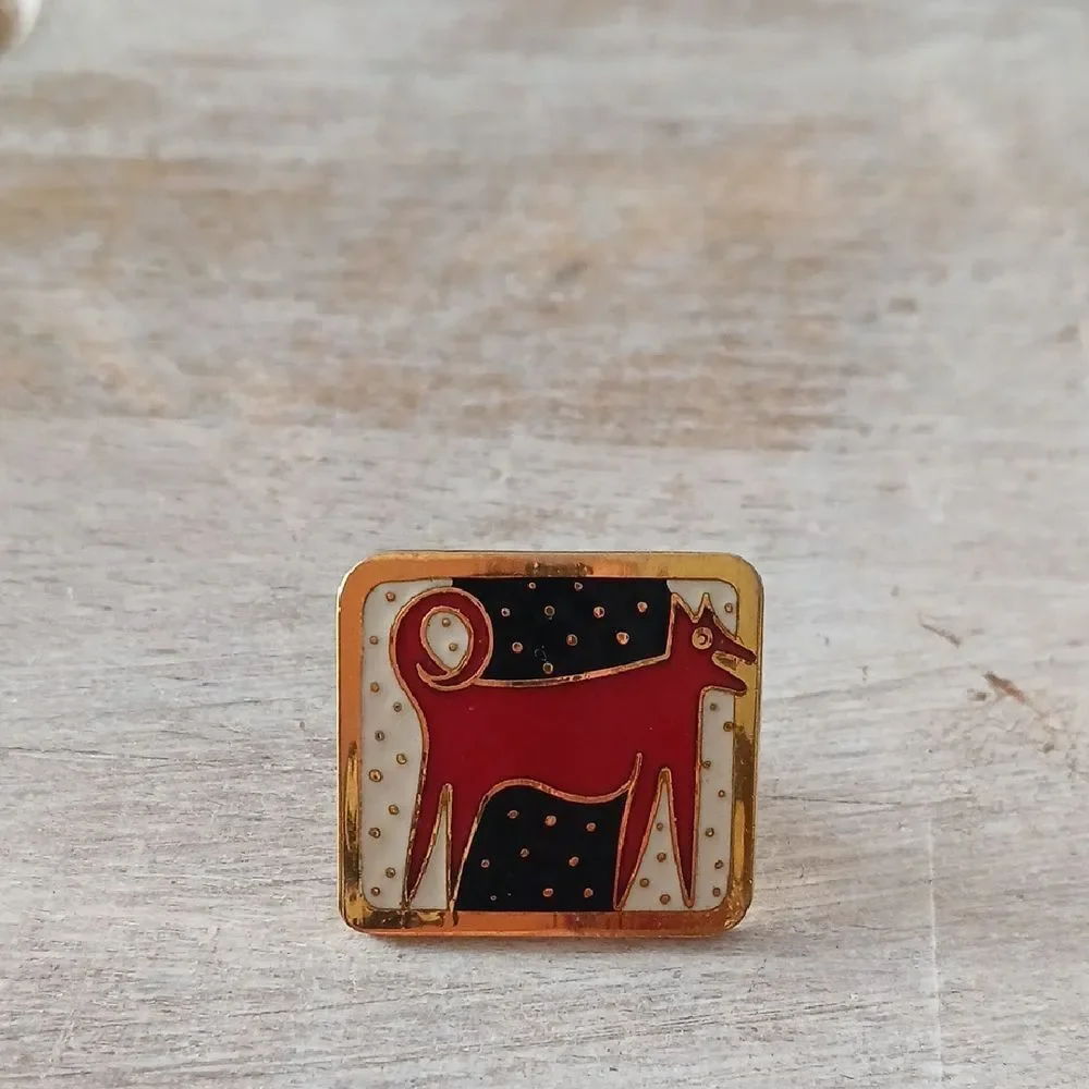 Vintage 80's Night Dog Laurel Burch Red Black White Enamel Gold Plated Earring-1